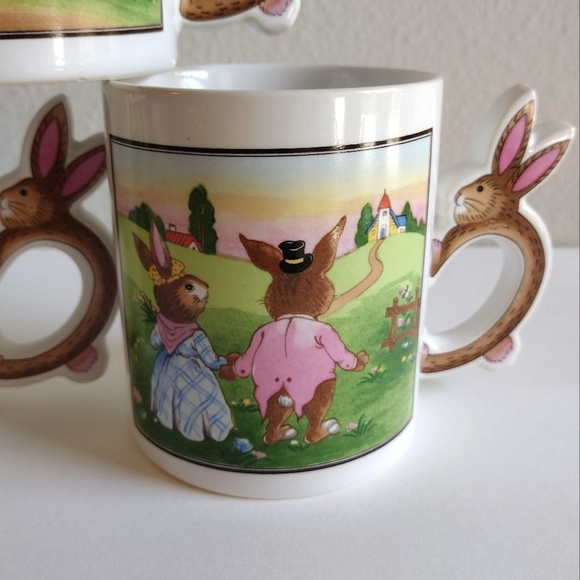 Vintage Set Of  3 Bunny/ Rabbit Coffee Tea Mugs With Bunny Handles Japan - Picture 4 of 7